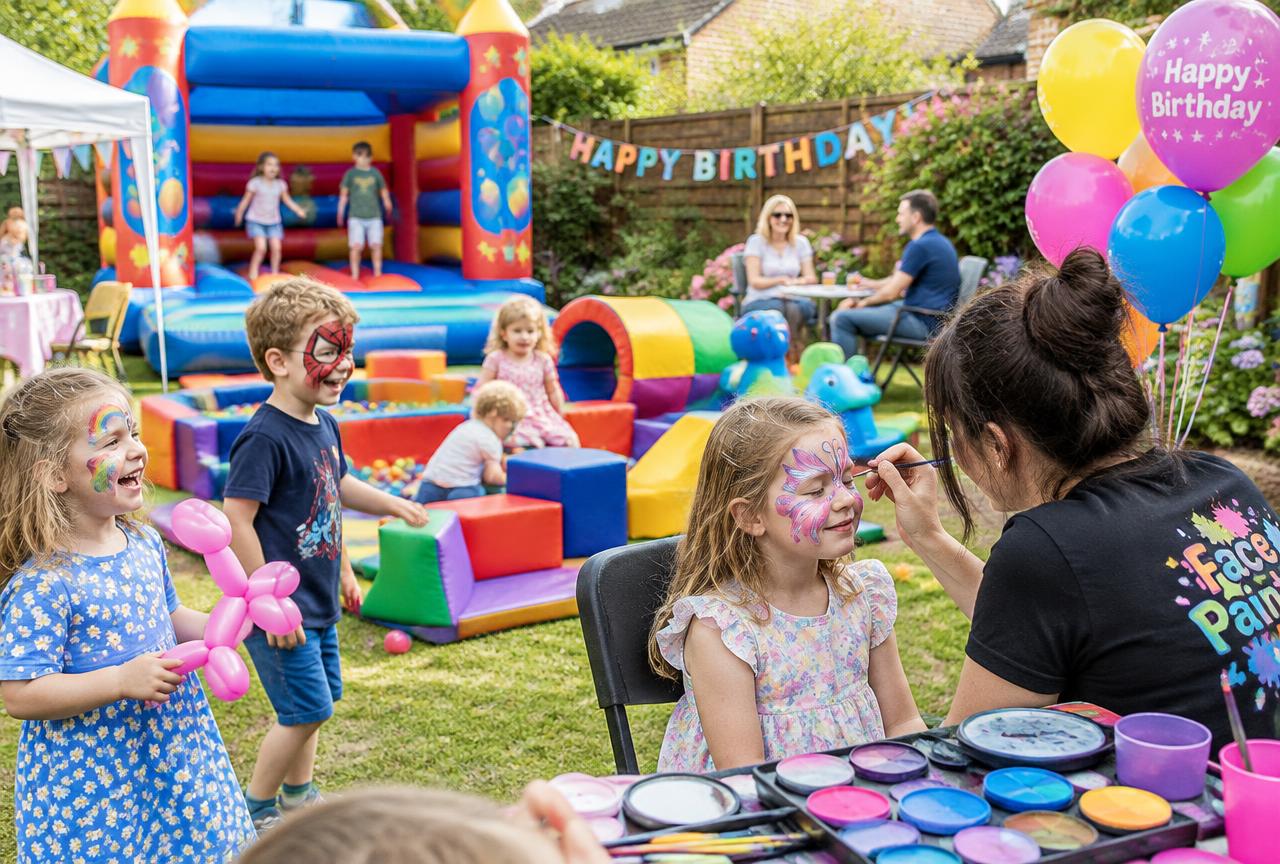Children's garden party with bouncy castle, soft play and face painting