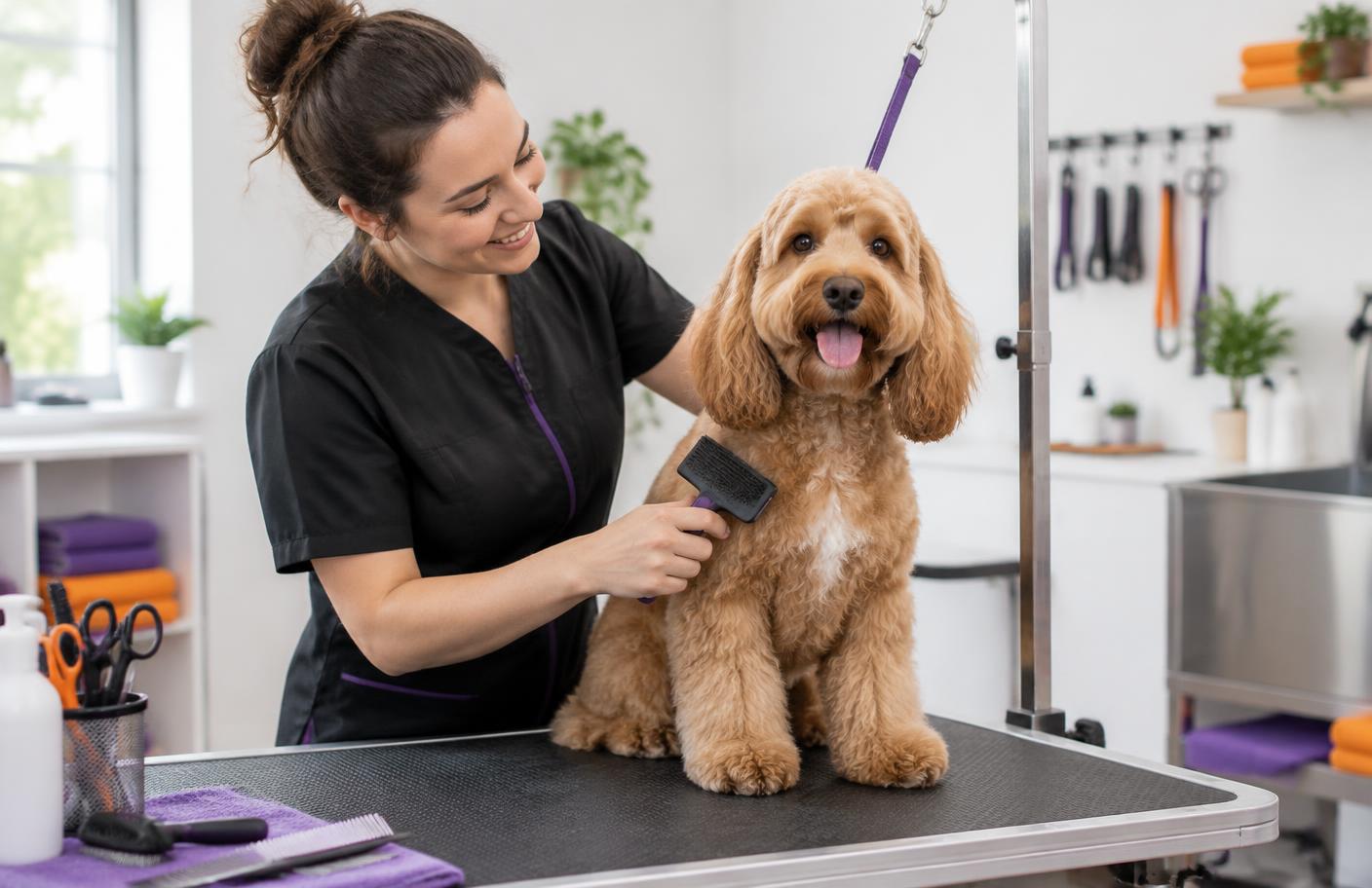 Dog groomer brushing a cockapoo in a modern salon
