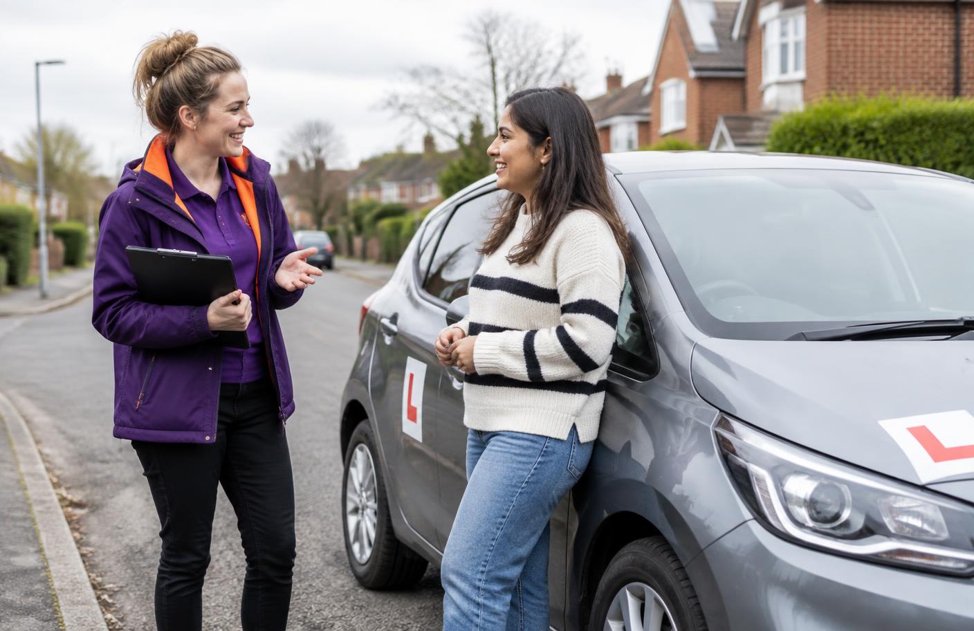 Driving instructor speaking with a learner beside a tuition car