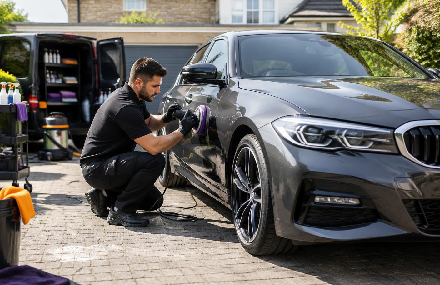 Mobile car detailer polishing a vehicle on a driveway