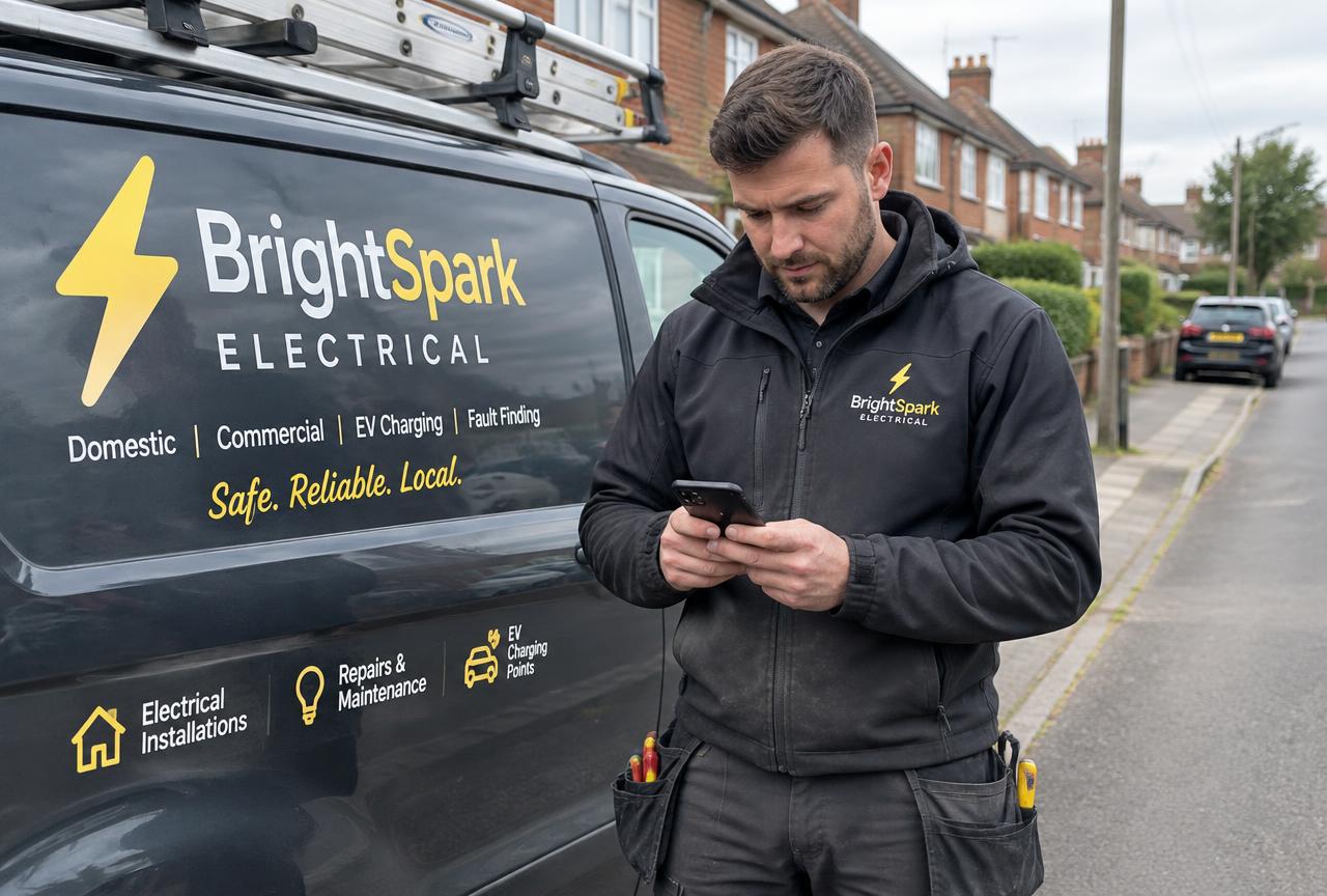 Electrician checking online job bookings beside his van